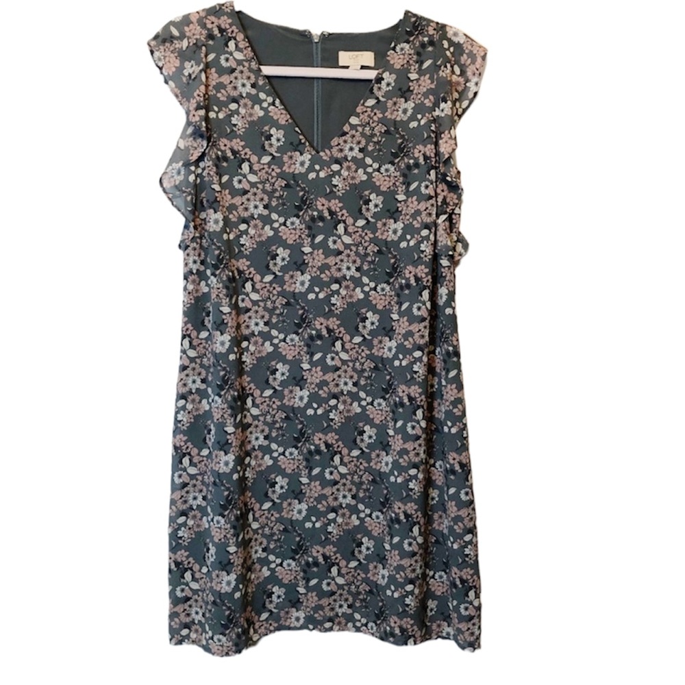 LOFT Gray and Pink Floral Ruffle Sleeveless Dress